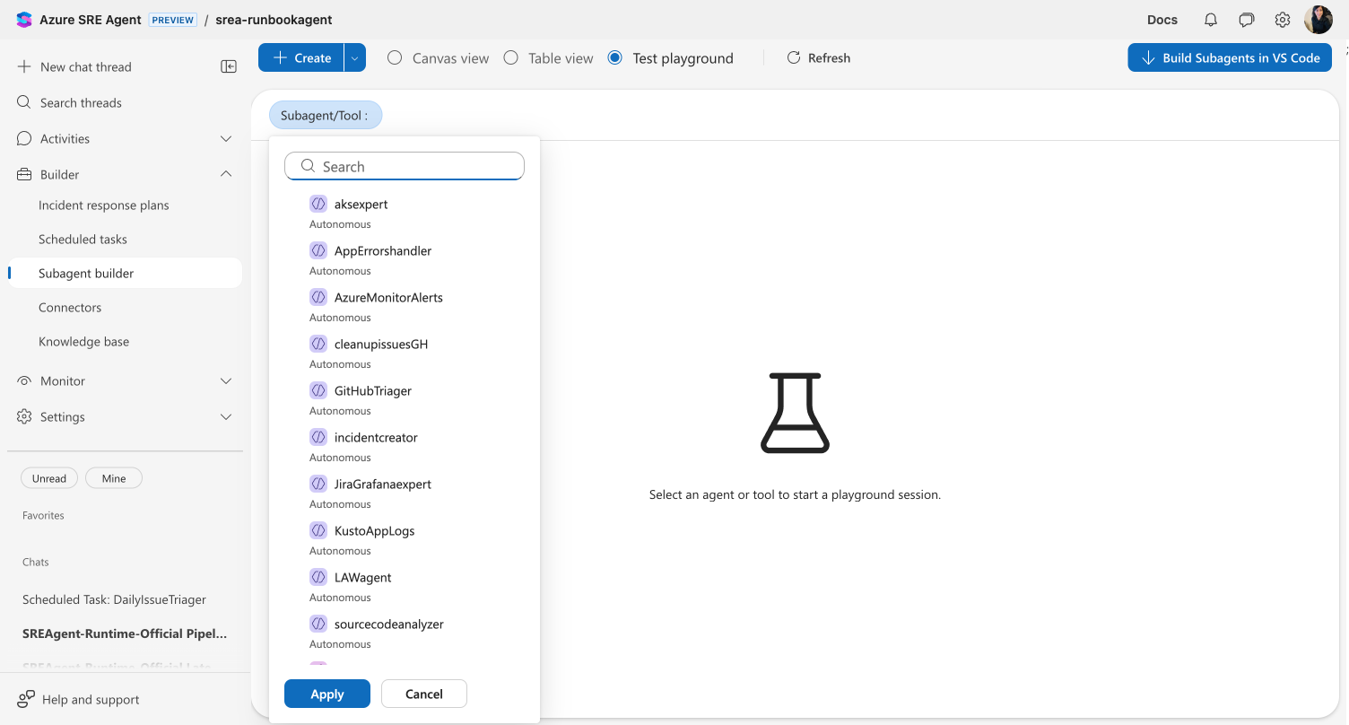 Entity selector dropdown showing custom agents and tools available for testing