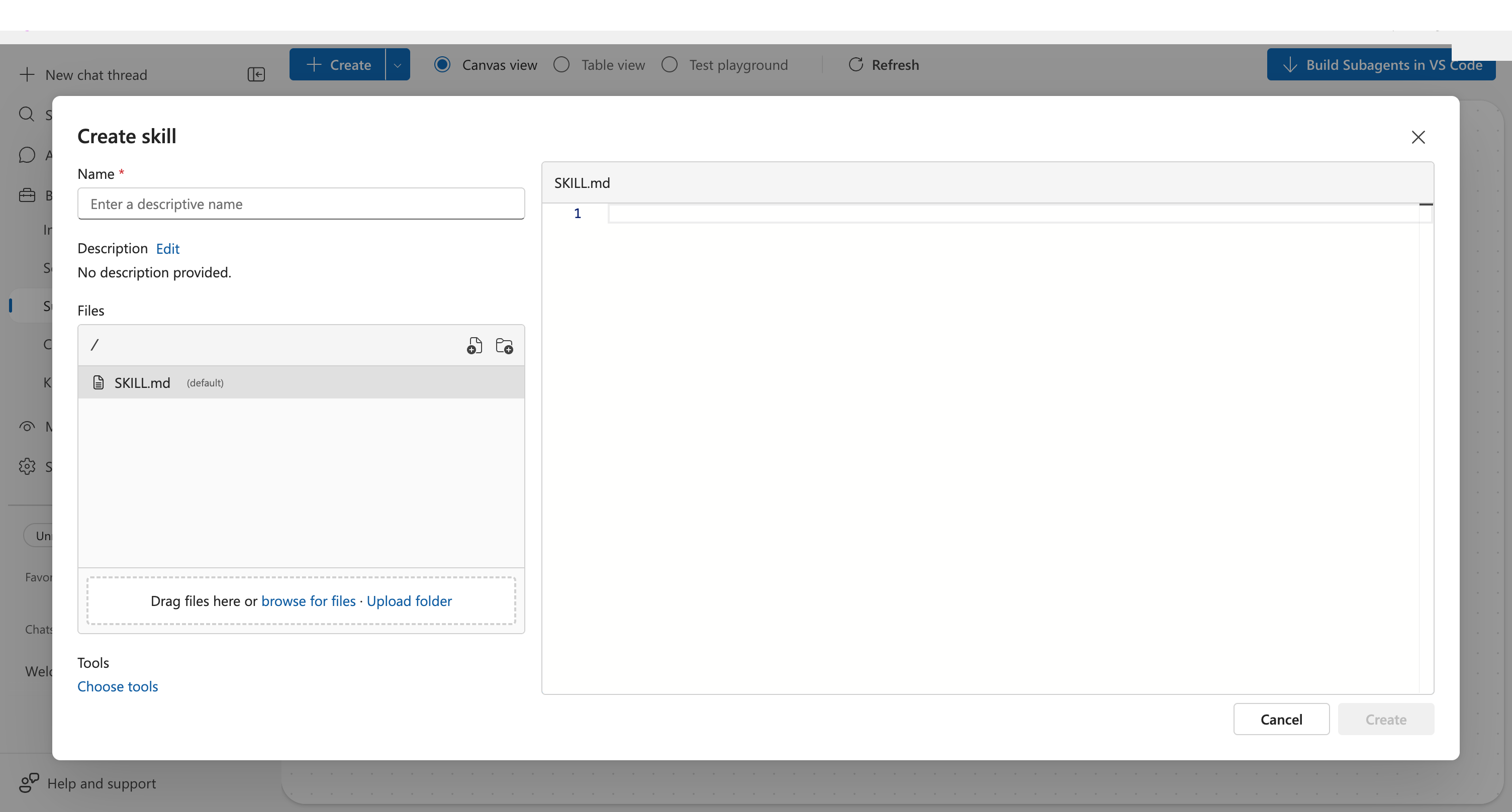 Create skill dialog in the portal