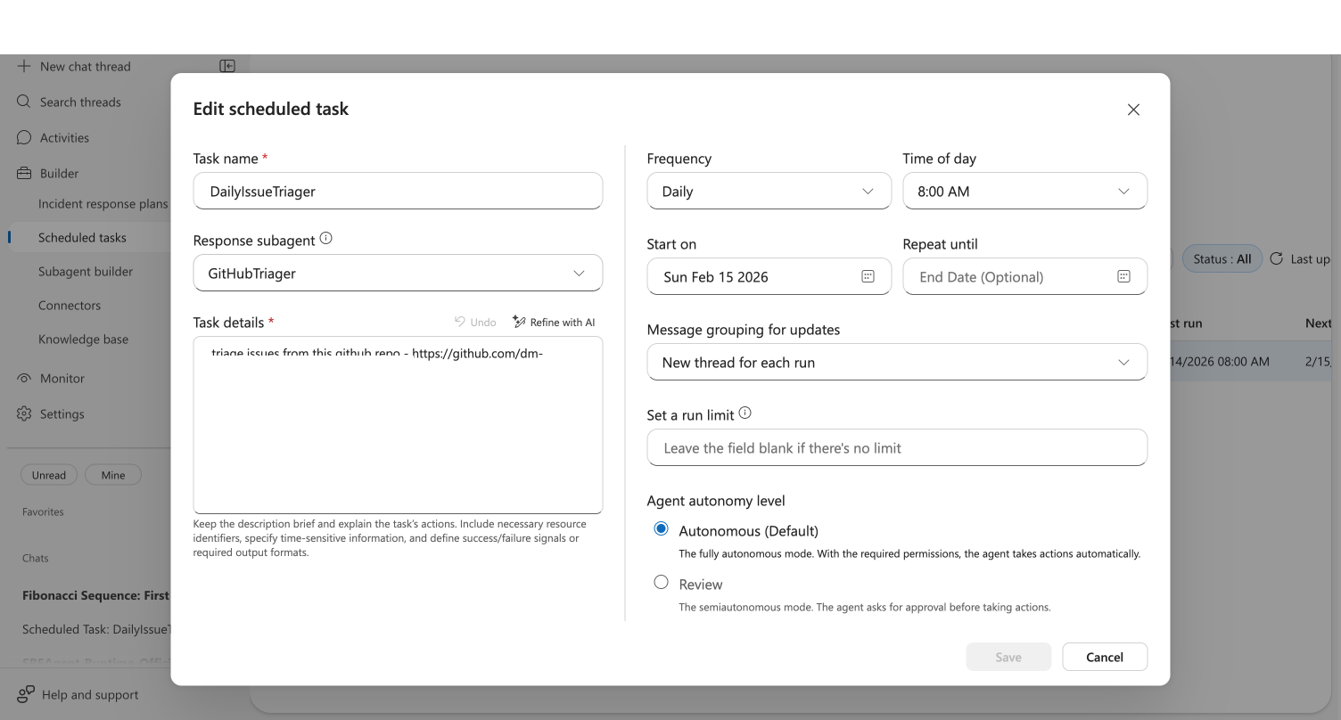 Edit scheduled task dialog with pre-populated fields