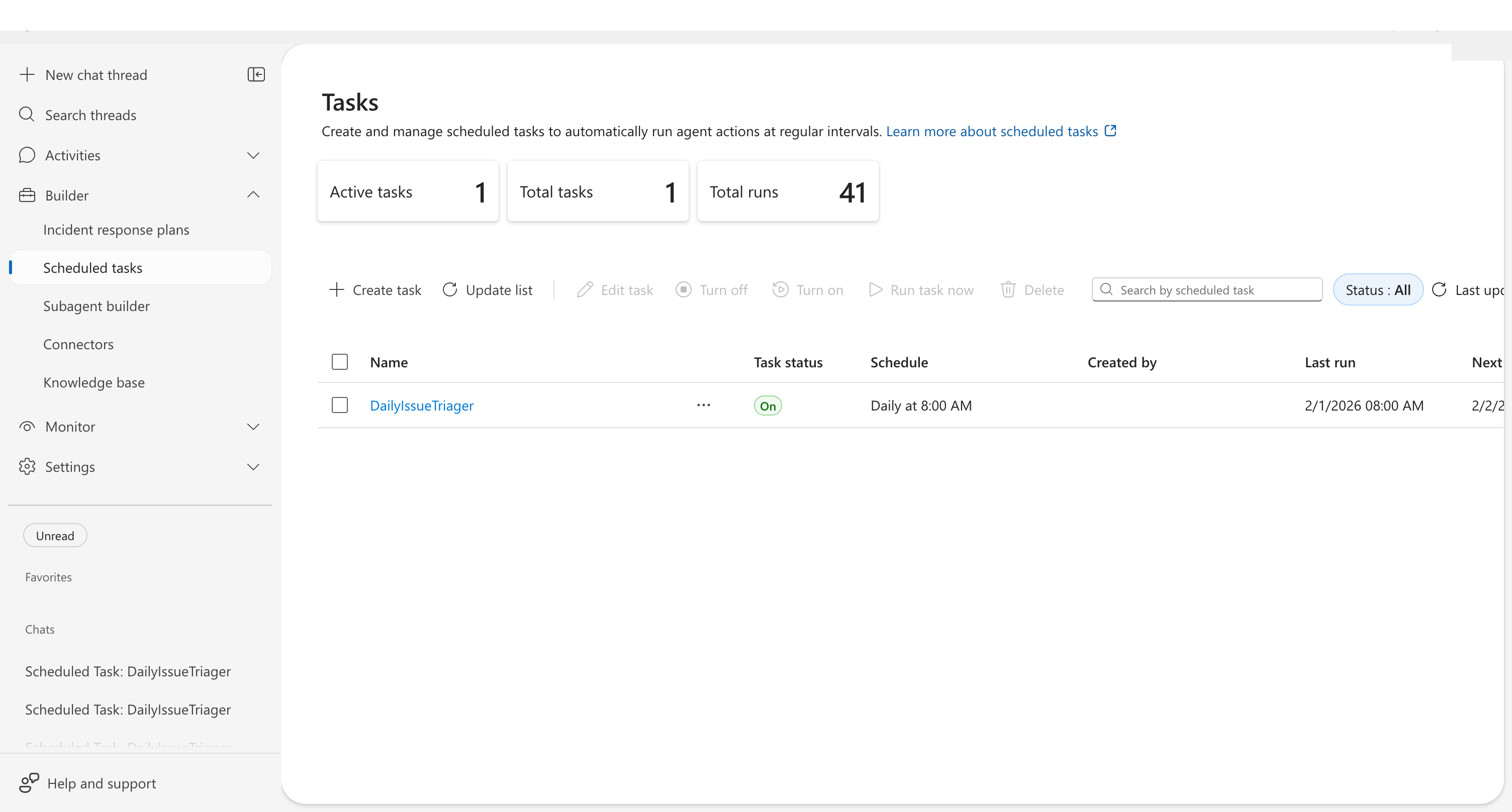 Scheduled tasks dashboard showing task list and toolbar