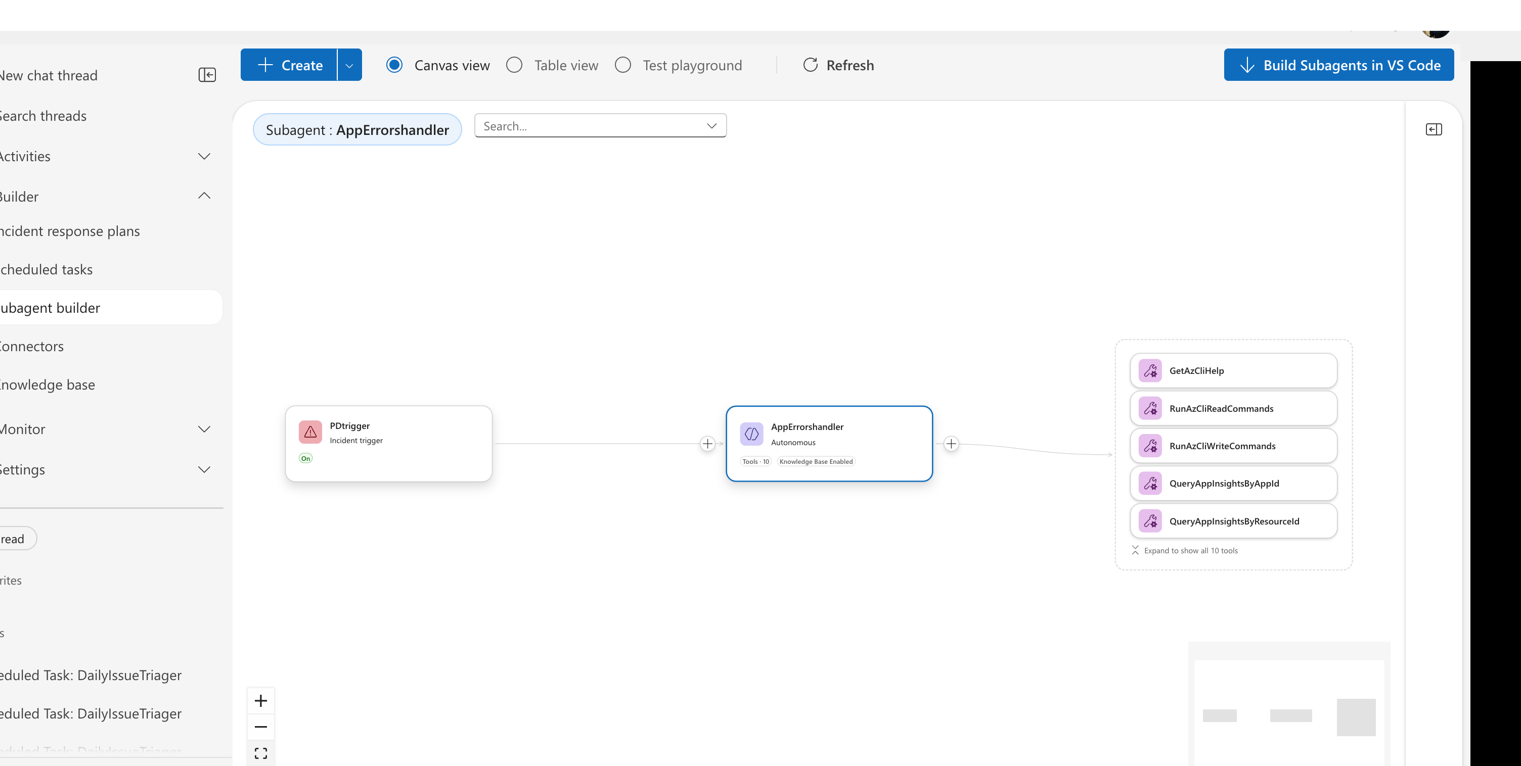 Agent Canvas showing custom agents connected to triggers and tools