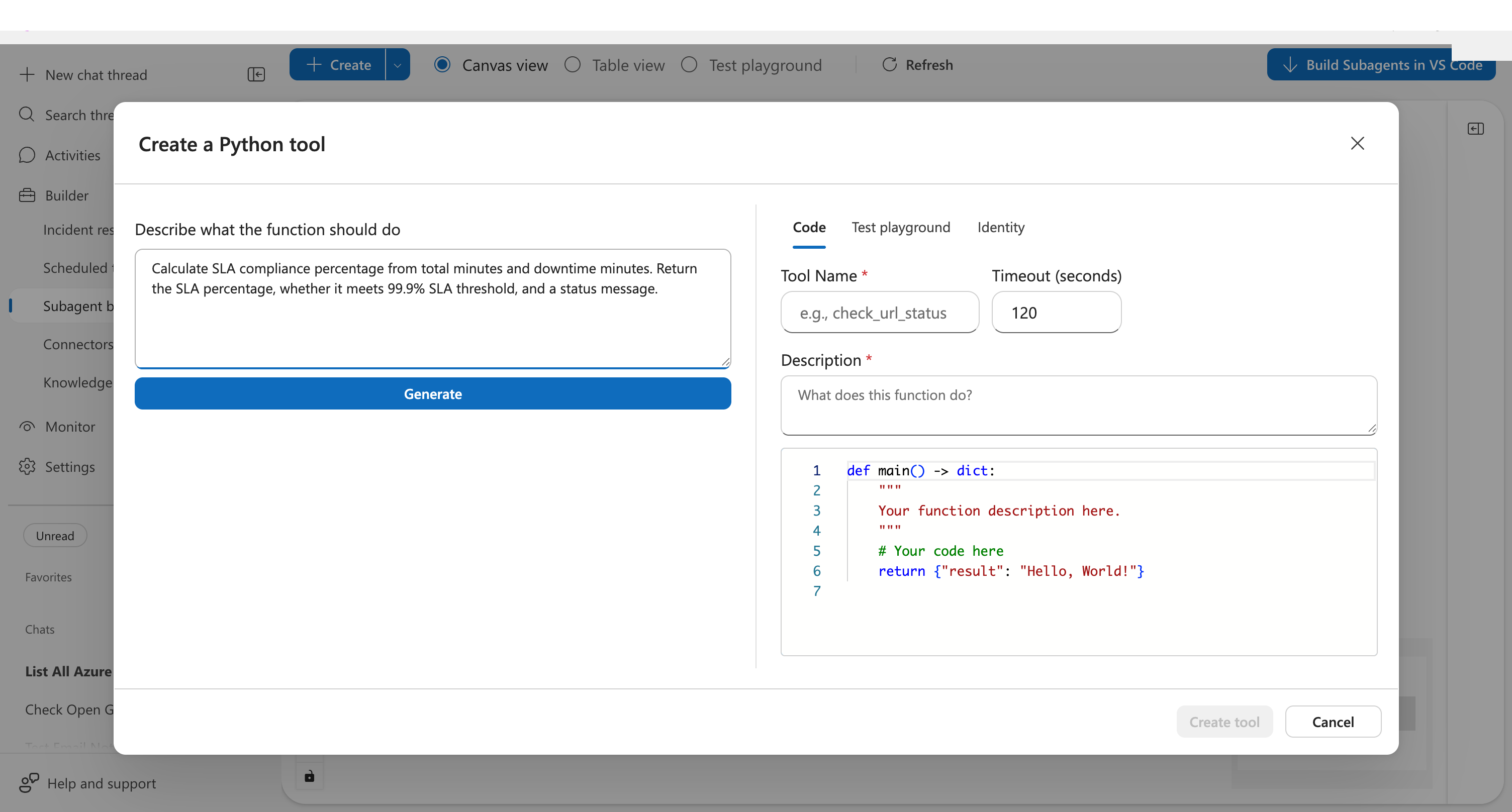 Python tool dialog with plain English description and Generate button