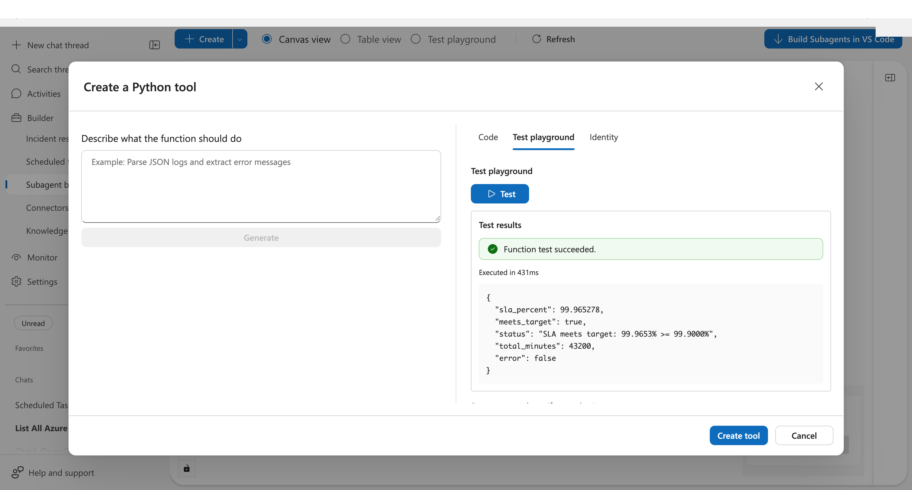 Test playground showing successful execution with SLA calculation result