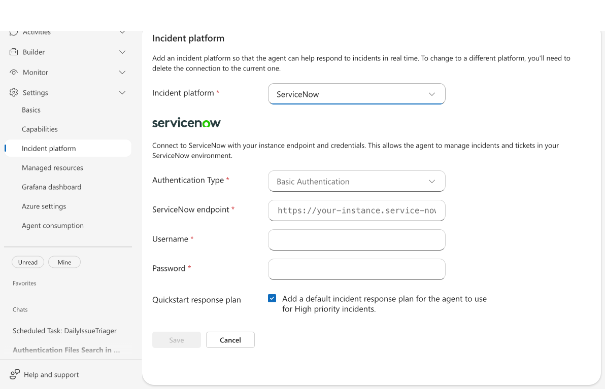 ServiceNow form with Basic Authentication selected, showing endpoint, username, and password fields