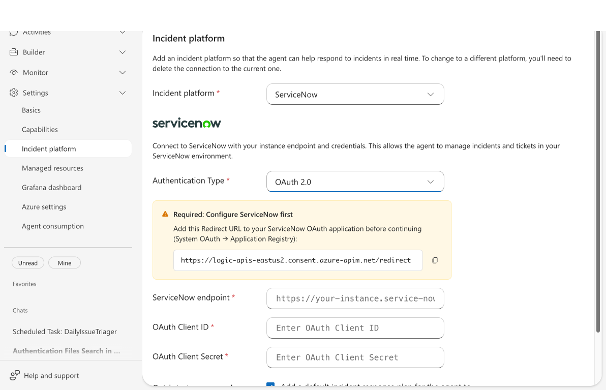 ServiceNow OAuth 2.0 form showing redirect URL info box, endpoint, client ID, and client secret fields