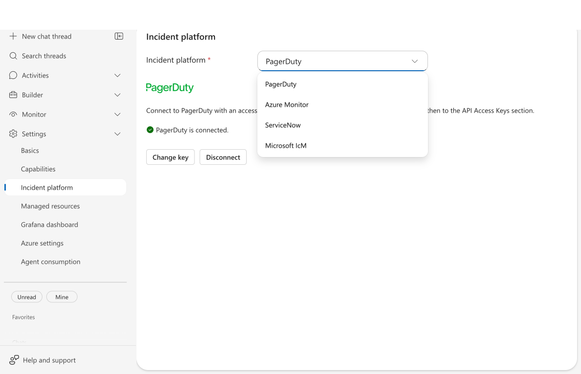 Incident platform dropdown showing available platform options including ServiceNow