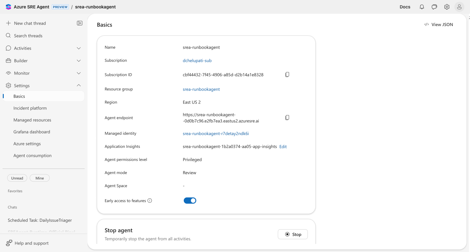 Settings Basics page showing Early access to features toggle