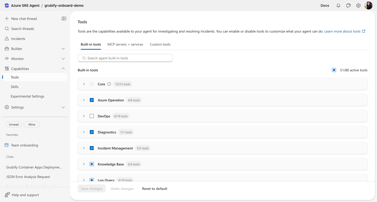 Tools page showing Built-in tools tab with categories like Core, Azure Operation, DevOps, and Incident Management, each with toggle checkboxes and active tool counts