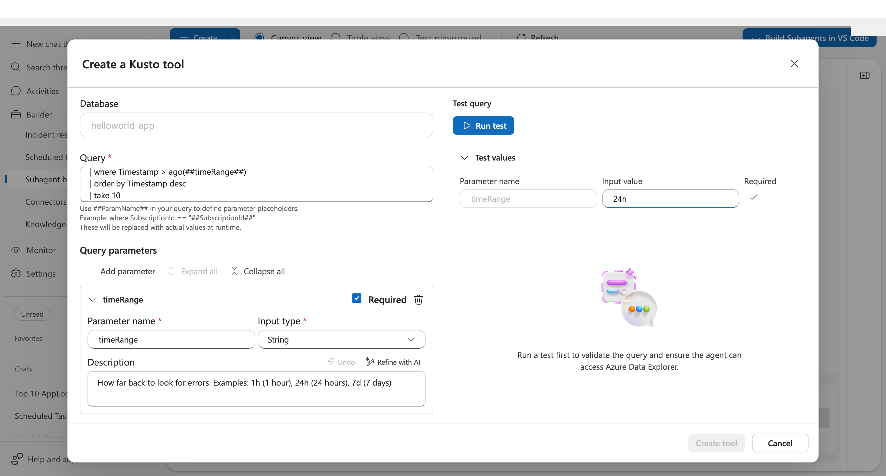 Kusto tool form with query and parameter filled in
