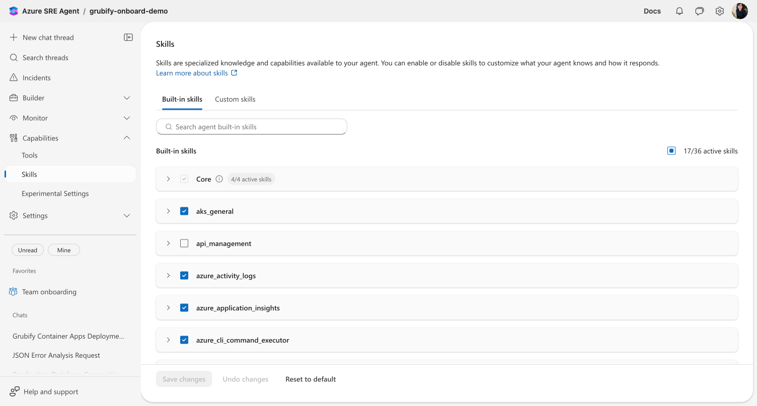 Skills page showing Built-in skills tab with Core skills always enabled and individual skills like aks_general and azure_activity_logs with toggle checkboxes
