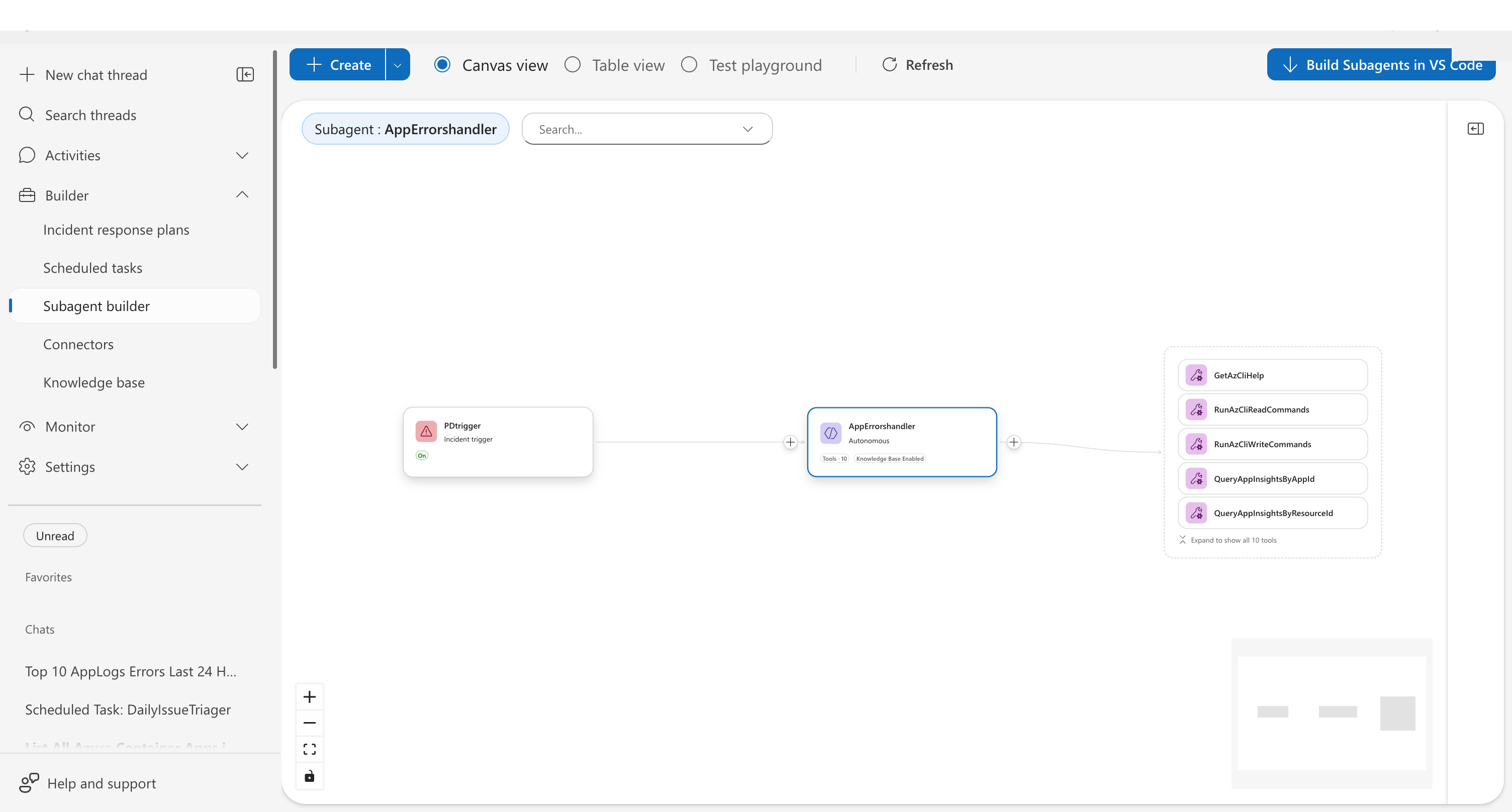 Canvas view showing custom agent card with + button on the right side