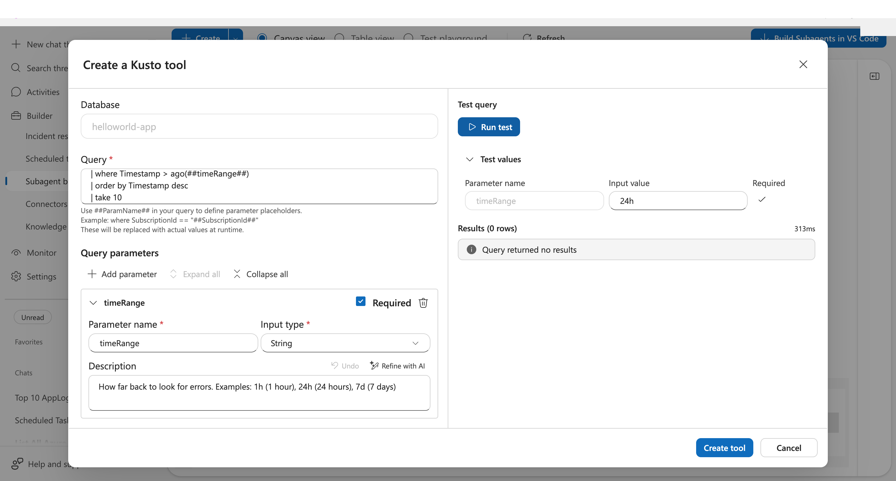 Tool test showing execution time and success status