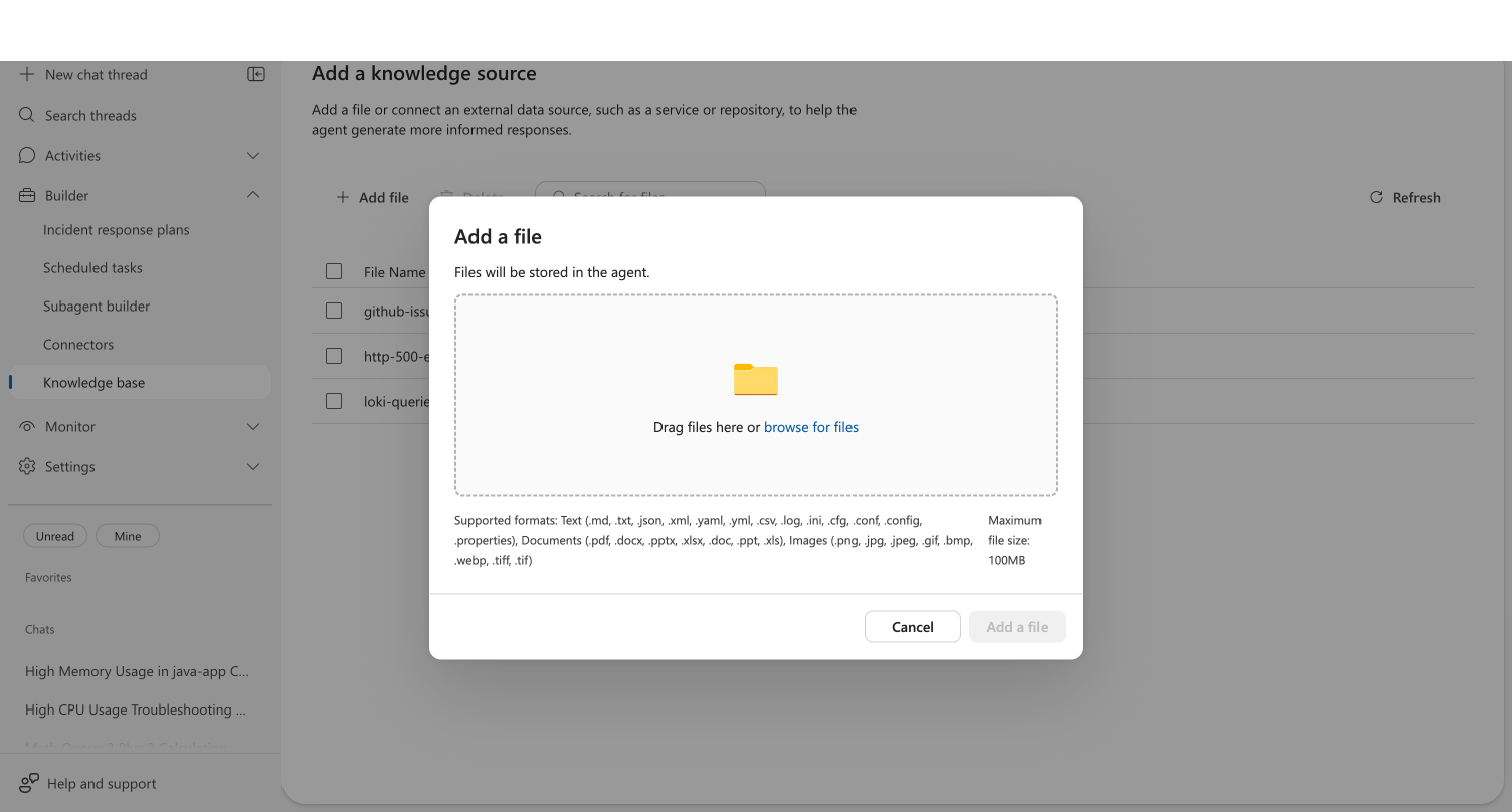 Upload dialog showing drag-and-drop zone with supported file formats and 100MB maximum size