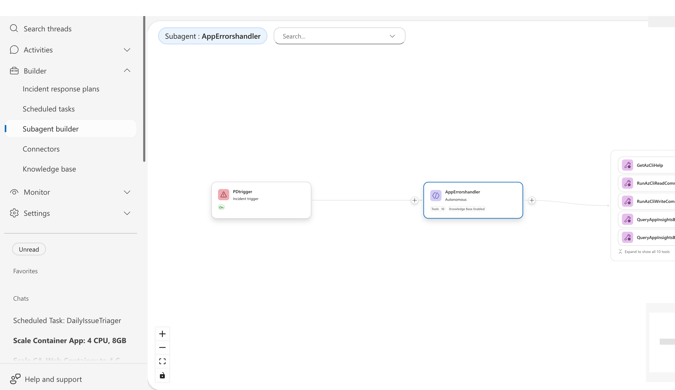 Agent Canvas showing a configured workflow with connectors, custom agents, and scheduled tasks connected visually