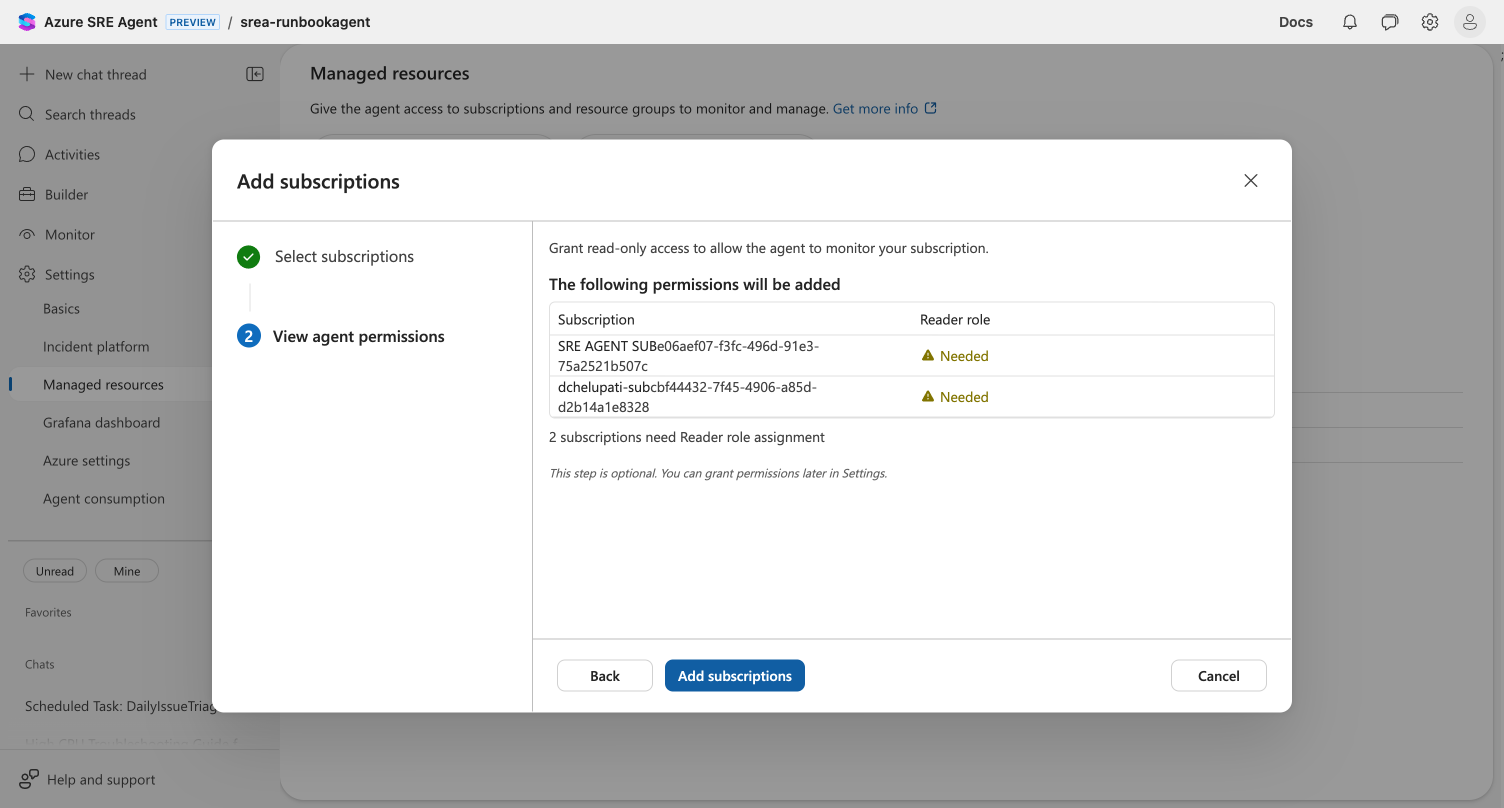 Subscription picker showing both selectable and disabled subscription sections with User role column