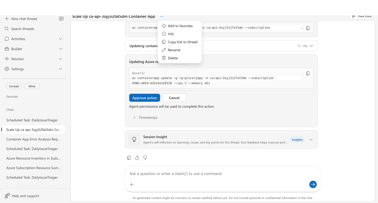 Thread context menu showing Add to favorites, Info, Copy link to thread, Rename, and Delete options