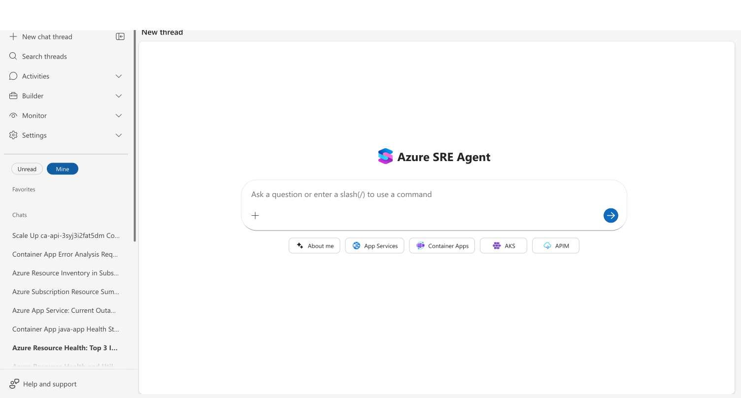 Thread sidebar with the Mine filter active, showing only user-initiated threads