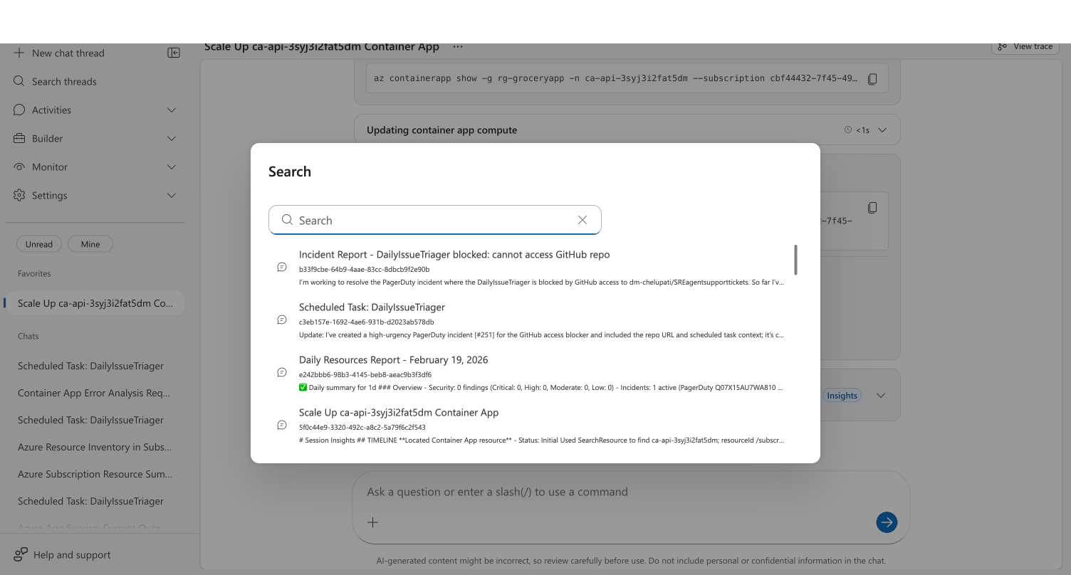 Search dialog showing thread results with title, thread ID, and last message preview