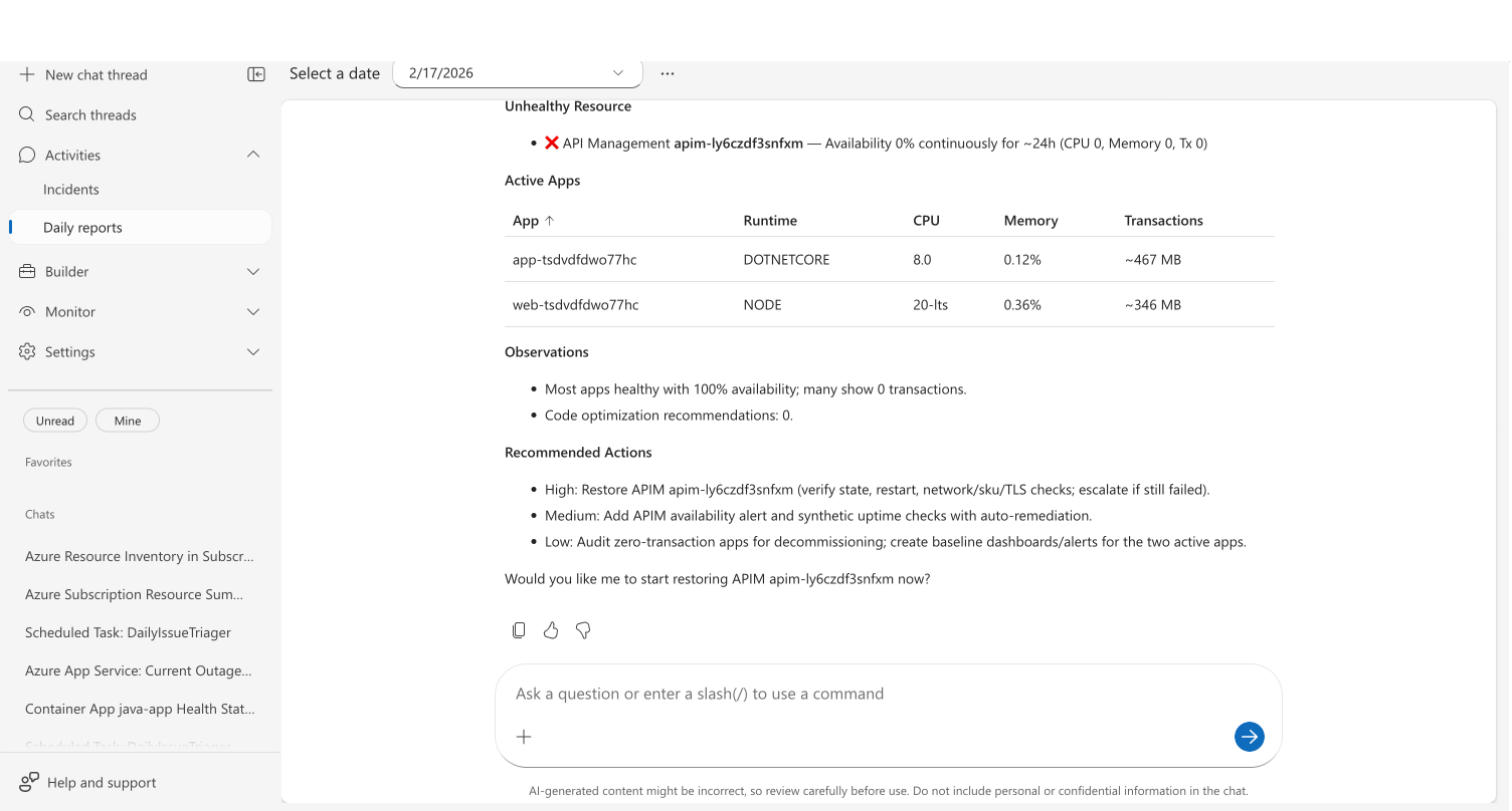 Daily report showing security findings, incident summary, resource health metrics, and recommended actions